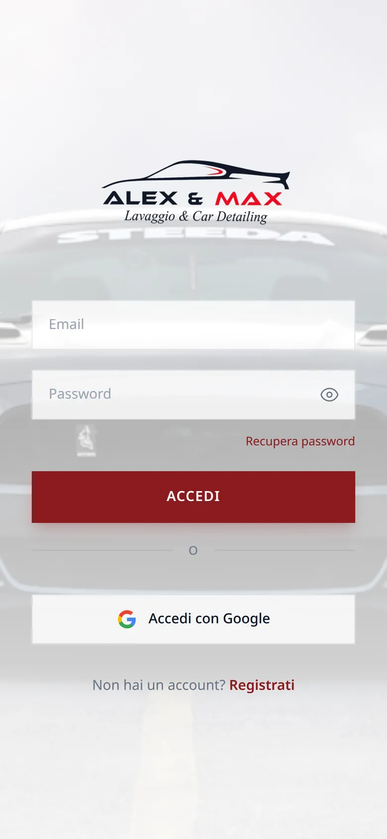 La prima schermata dell'app Alex & Max: campi email e password, pulsanti Accedi e Accedi con Google, link Registrati